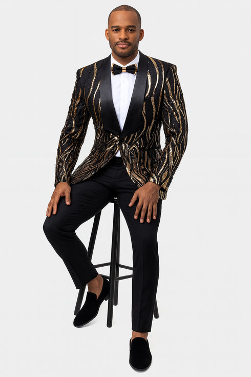 Black Tuxedo - Shawl Lapel Black and Gold Sequin Prom Tuxedo Mens Wedding Suit - Black Prom Suit