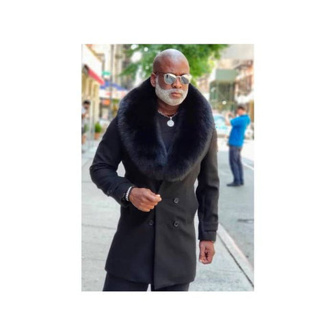 Black Wool Mens Fur Collar Overcoat