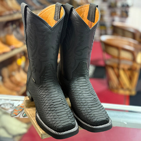 Black Square Toe Cowboy Boots Snakeskin Print