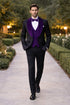 Mens Black With Purple Velvet Lapel 3-Piece Tailored-Fit Tuxedo