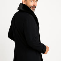 Mens Black Peacoat Wool Overcoat with Faux Fur Shawl Collar – Double-Breasted Winter Peacoat