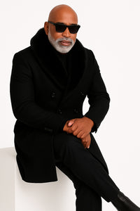 Mens Black Double-Breasted Overcoat with Oversized Faux Fur Collar – Winter Luxury Coat