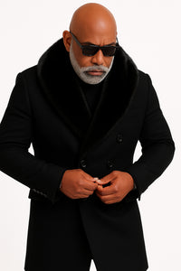 Mens Black Double-Breasted Overcoat with Oversized Faux Fur Collar – Winter Luxury Coat