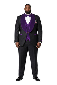 Mens Black With Purple Velvet Lapel 3-Piece Tailored-Fit Tuxedo