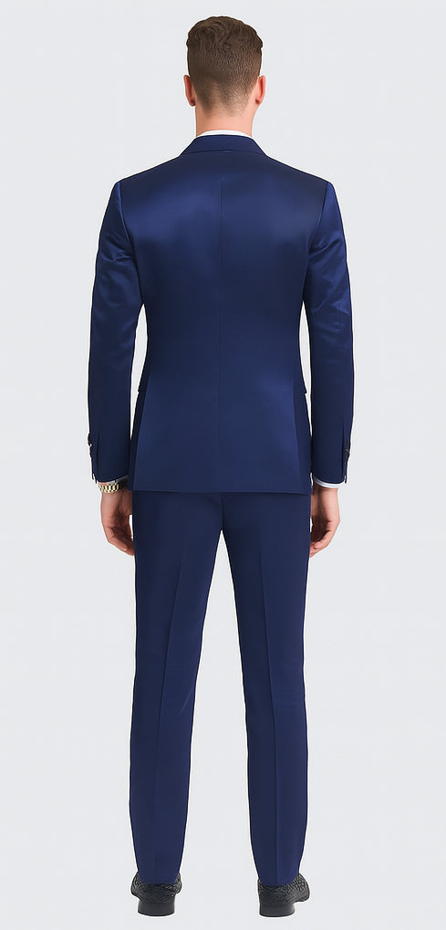 Tazzio Men's Blue Satin Double Breasted 3 Piece Skinny Fit Suit with Peak Lapel Vest and Matching Bowtie – Formal Tuxedo Style