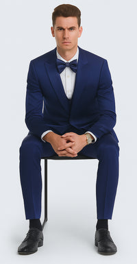 Tazzio Men's Blue Satin Double Breasted 3 Piece Skinny Fit Suit with Peak Lapel Vest and Matching Bowtie – Formal Tuxedo Style