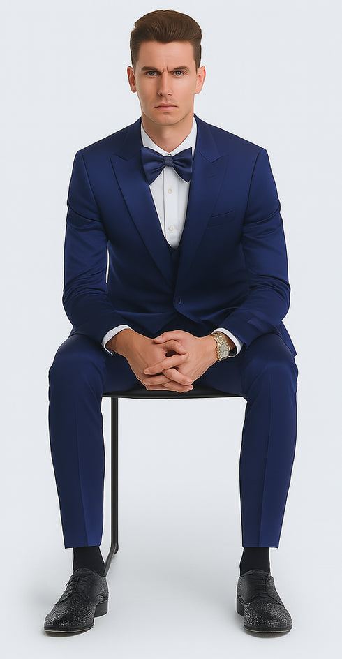 Tazzio Men's Blue Satin Double Breasted 3 Piece Skinny Fit Suit with Peak Lapel Vest and Matching Bowtie – Formal Tuxedo Style