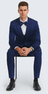 Tazzio Men's Blue Satin Double Breasted 3 Piece Skinny Fit Suit with Peak Lapel Vest and Matching Bowtie – Formal Tuxedo Style