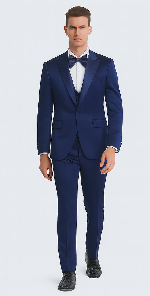 Tazzio Men's Blue Satin Double Breasted 3 Piece Skinny Fit Suit with Peak Lapel Vest and Matching Bowtie – Formal Tuxedo Style