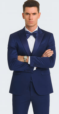 Tazzio Men's Blue Satin Double Breasted 3 Piece Skinny Fit Suit with Peak Lapel Vest and Matching Bowtie – Formal Tuxedo Style