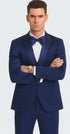 Tazzio Men's Blue Satin Double Breasted 3 Piece Skinny Fit Suit with Peak Lapel Vest and Matching Bowtie – Formal Tuxedo Style