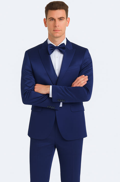 Tazzio Men's Blue Satin Double Breasted 3 Piece Skinny Fit Suit with Peak Lapel Vest and Matching Bowtie – Formal Tuxedo Style