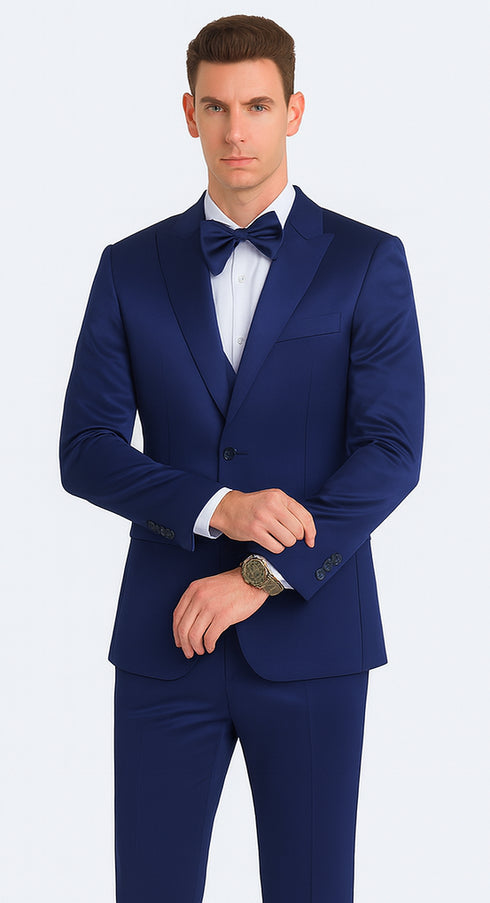 Tazzio Men's Blue Satin Double Breasted 3 Piece Skinny Fit Suit with Peak Lapel Vest and Matching Bowtie – Formal Tuxedo Style