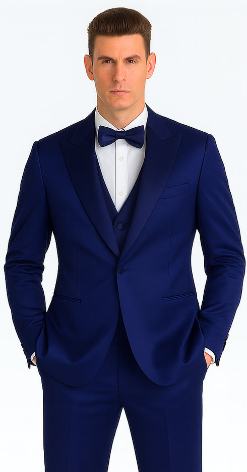 Tazzio Men's Blue Satin Double Breasted 3 Piece Skinny Fit Suit with Peak Lapel Vest and Matching Bowtie – Formal Tuxedo Style