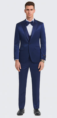Tazzio Men's Blue Satin Double Breasted 3 Piece Skinny Fit Suit with Peak Lapel Vest and Matching Bowtie – Formal Tuxedo Style