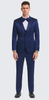 Tazzio Men's Blue Satin Double Breasted 3 Piece Skinny Fit Suit with Peak Lapel Vest and Matching Bowtie – Formal Tuxedo Style