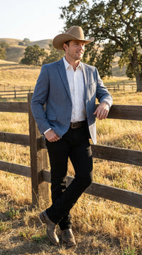 Men’s Blue Textured Cowboy Blazer – Western Style Sport Coat for Ranch Wedding, Business and Country Events