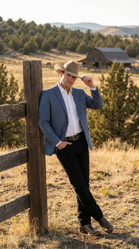 Men’s Blue Textured Cowboy Blazer – Western Style Sport Coat for Ranch Wedding, Business and Country Events