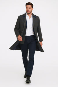 Men’s Blue and Grey Glen Plaid Wool Overcoat – Classic Long Winter Coat - Chesterfield Blue Collar