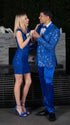 Mens Shiny Stretch Pants Solid Color Slim Fit Sateen Flashy Metallic Slacks in Color "Blue"
