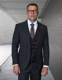 Statement Men's 100% Wool Pinstripe 3 Piece Suit - Peak Lapel