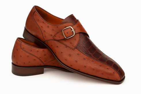 Mezlan Men's Genuine Full Quill Ostrich Leg Monk Brown  Strap Shoes