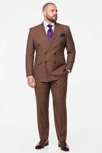 Men’s Brown Plaid Double-Breasted Suit – Premium 2-Piece Classic Checkered Windowpane Suit by Rossiman
