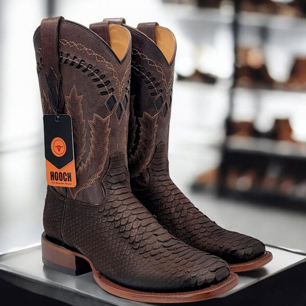 Brown Snake Print Boots Square Toe