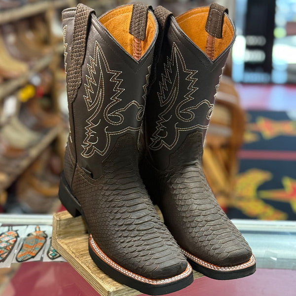 Brown Square Toe Cowboy Boots Snakeskin Print