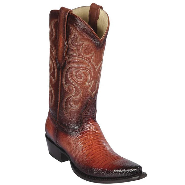 Los Altos Boots - Mens Dress Cowboy Boot - Low Priced Teju Lizard Snip Toe Boots- in Burnish Cognac