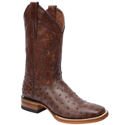 Brown printed ostrich square toe cowboy boot