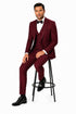 Mens One Button Satin Trim Shawl Tuxedo in Burgundy Wool