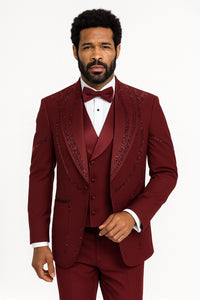 Men’s Burgundy Italian Wool 3-Piece Modern Formal Tuxedo