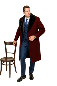 Burgundy Overcoat ~ Long Men's Dress Topcoat - Winter Coat With Fur Collar