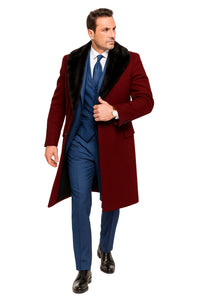 Burgundy Overcoat ~ Long Men's Dress Topcoat - Winter Coat With Fur Collar
