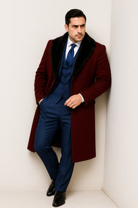 Burgundy Overcoat ~ Long Men's Dress Topcoat - Winter Coat With Fur Collar