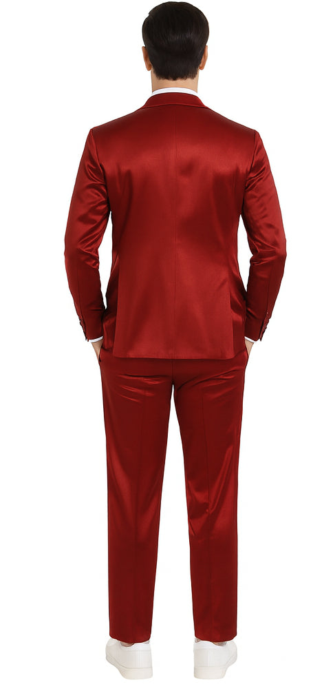 Burgundy Satin Skinny Fit Tazzio 3 Piece Men's Suit with Double Breasted Vest & Peak Lapel Jacket