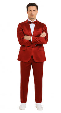Burgundy Satin Skinny Fit Tazzio 3 Piece Men's Suit with Double Breasted Vest & Peak Lapel Jacket