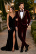 EJ Samuel Men's Burgundy Modern Fit Velvet Tuxedo with Gold Sequin Lapel