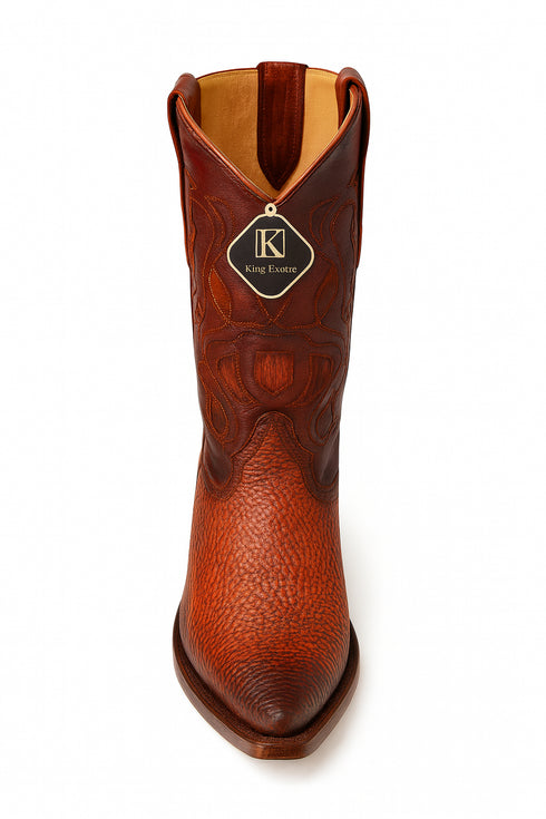 Men's King Exotic Snip Toe Sharkskin Boots Handcrafted Burnished Cognac (494RD0903)