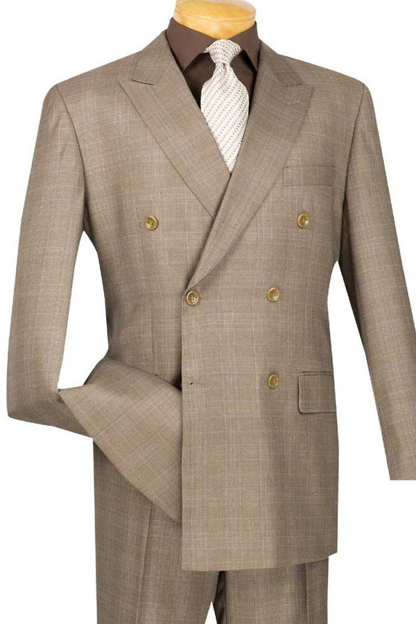 Mens Classic Wool Feel Double Breasted Glen Plaid Suit in Tan