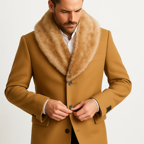Mens Camel Wool Overcoat with Faux Fur Shawl Collar – Double-Breasted Winter Dress Coat