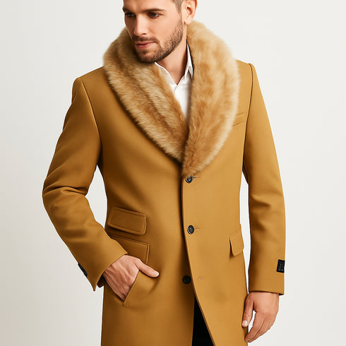Mens Camel Wool Overcoat with Faux Fur Shawl Collar – Double-Breasted Winter Dress Coat