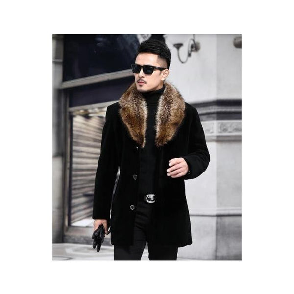 Men's Driving Coat - Men's Car coat - Black Overcoat with Golden Fur Wool Coat