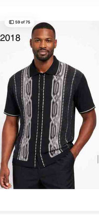 Mens Black and Gray Pattern Walking Suit Set – Short Sleeve Knit Shirt and Pants Casual Outfit for Summer, Travel and Everyday Wear