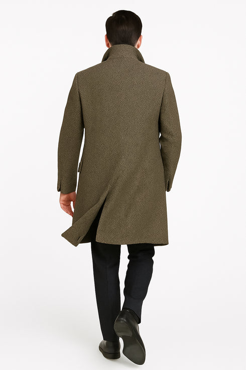 Mens Long Herringbone Wool Overcoat – Classic Double-Breasted Winter Topcoat