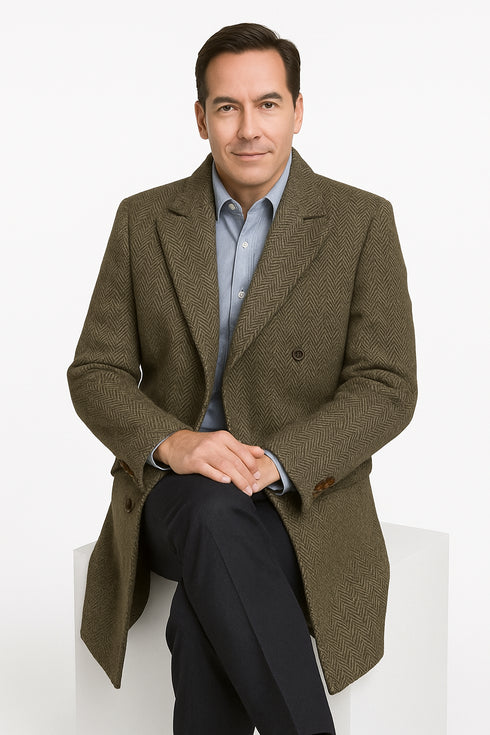 Mens Long Herringbone Wool Overcoat – Classic Double-Breasted Winter Topcoat