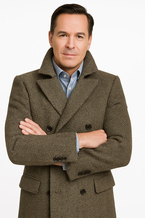 Mens Long Herringbone Wool Overcoat – Classic Double-Breasted Winter Topcoat
