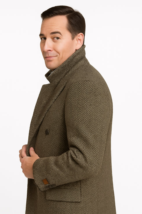 Mens Long Herringbone Wool Overcoat – Classic Double-Breasted Winter Topcoat