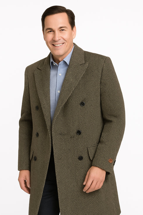 Mens Long Herringbone Wool Overcoat – Classic Double-Breasted Winter Topcoat